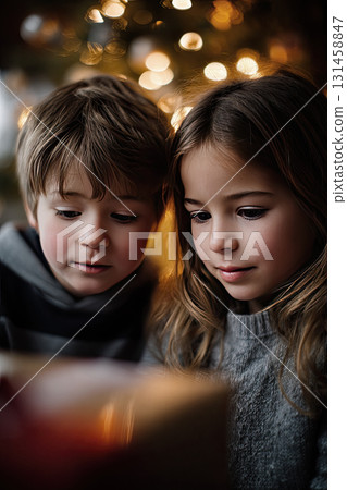 Children opening Christmas presents beside a real Christmas tree 131458847