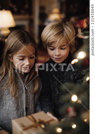 Children opening Christmas presents beside a real Christmas tree 131458849
