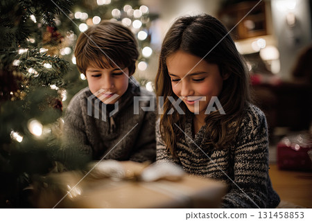 Children opening Christmas presents beside a real Christmas tree 131458853