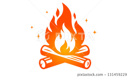 Fire, flame, bonfire. Flame fire icon, abstract style on white background. Flat burn fire symbol, bonfire sign, flame campfire emoji. Camping fireball minimal graphic style. Illustration 131459229