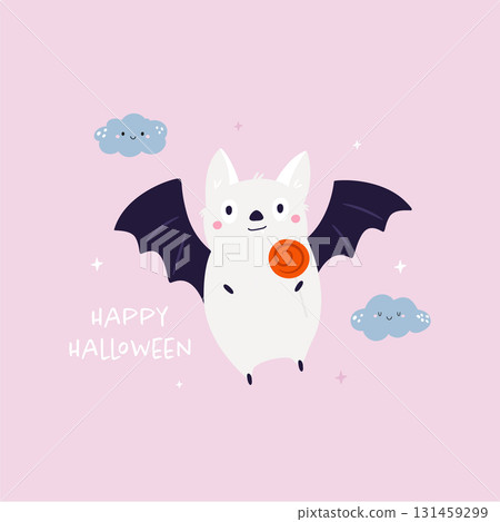 Cute Bat with Candy and Clouds, Funny Halloween Illustration on Pink Background Cute Bat with Candy and Clouds, Funny Halloween Illustration on Pink Background 131459299
