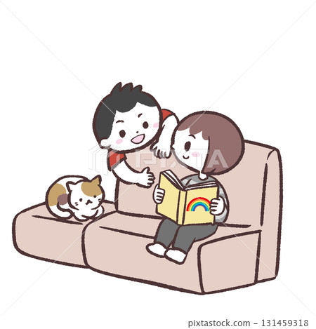 Illustration of children and cats relaxing on the sofa 131459318