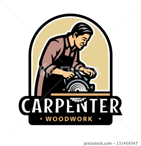 Carpenter with circular saw logo, emblem. 131459347