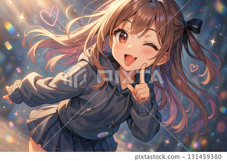 一幅可愛又活潑的插圖，描繪了一個美麗的動漫人物眨眼的姿勢 131459380