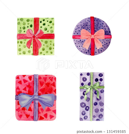 Gift boxes set tied with a ribbon and bow. Watercolor illustration isolated on white. Perfect for Christmas, New Year, birthday, celebration decoration projects. Green purple red. Polka dot and 131459385