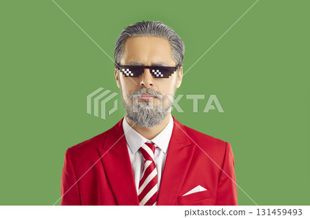 Portrait of a funny serious young man in minecraft pixel glasses 131459493
