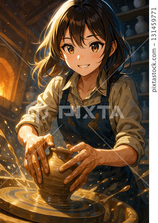 微笑的年輕女子正在製作陶器 — — 動漫風格陶藝工作室插畫 131459771