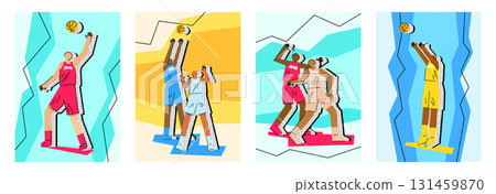 Set of vector cards with basketball players in various poses. Set of vector cards with basketball players in various poses. 131459870