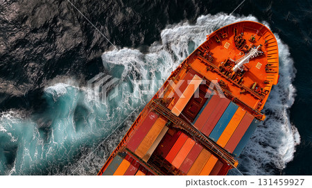 Wave crests of a container ship approaching the bow 131459927