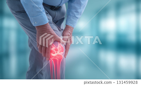 A man holds the pain in his knee joint with his hand 131459928