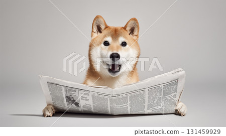 Shiba Inu reading a newspaper and surprised, front-up expression 131459929