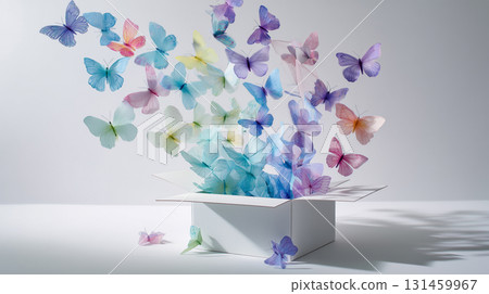 A scene in which colorful butterflies fly up from a white box A scene in which colorful butterflies fly up from a white box 131459967