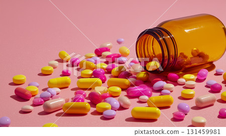 Still life composition of a large number of pills spreading from a prescription bottle Still life composition of a large number of pills spreading from a prescription bottle 131459981