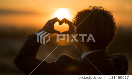 Japanese man makes a heart with his hands at sunset Japanese man makes a heart with his hands at sunset 131460017