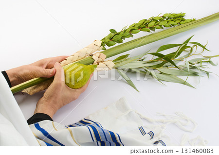 Jewish festival of Sukkot. Traditional symbols Etrog and Lulav in hands Jewish festival of Sukkot. Traditional symbols Etrog and Lulav in hands 131460083