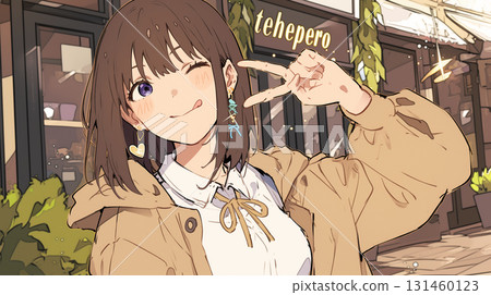 一個穿著外套的女孩比出和平手勢。這是以街角咖啡館為背景的日常場景。 一個穿著外套的女孩比出和平手勢。這是以街角咖啡館為背景的日常場景。 131460123