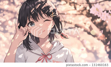 A beautiful girl sticking out her tongue and showing a playful expression against the background of spring cherry blossoms A beautiful girl sticking out her tongue and showing a playful expression against the background of spring cherry blossoms 131460163