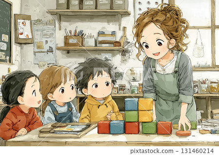 Miyu Series: Scenes of children helping to play with colorful blocks 131460214