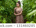 Young woman working in greenhouse among tomato plants 131460285