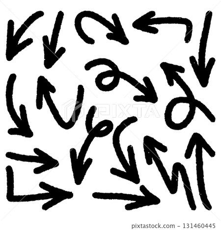 collection of hand drawn black arrows doodle in sketch style. Various arrow directions with rough marker texture, perfect for design elements, presentations, and infographic decorations. 131460445