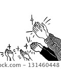 Black and white line art illustration of clapping hands. Applause gesture symbol with sparkles, perfect for expressing appreciation, congratulations, or support in design projects. 131460448