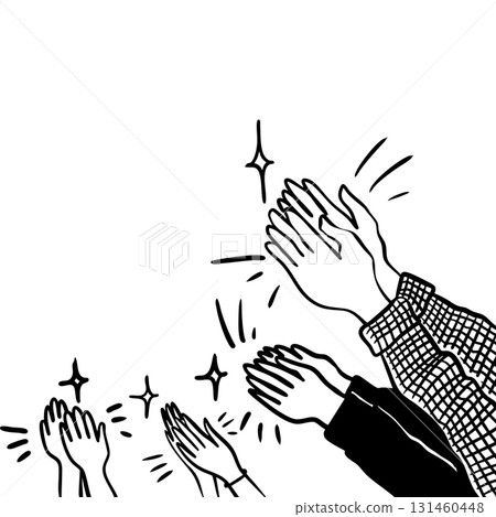 Black and white line art illustration of clapping hands. Applause gesture symbol with sparkles, perfect for expressing appreciation, congratulations, or support in design projects. 131460448