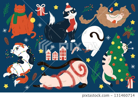 Festive Christmas cat collection wearing Santa hats scarves and holiday decorations on dark blue background with stars snowflakes and ornaments in flat style. Festive Christmas cat collection wearing Santa hats scarves and holiday decorations on dark blue background with stars snowflakes and ornaments in flat style. 131460714