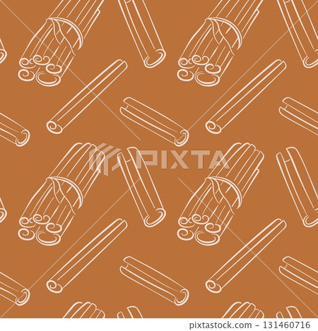 Seamless pattern with line art style cinnamon stick, bundle on warm brown background. Perfect for spice and culinary themed design. Seamless pattern with line art style cinnamon stick, bundle on warm brown background. Perfect for spice and culinary themed design. 131460716
