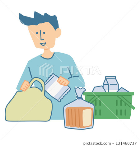 一名男子在購物時使用環保袋的插圖 一名男子在購物時使用環保袋的插圖 131460737
