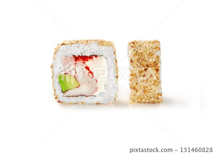 California uramaki roll with sesame seeds showing filling ingredients on white background California uramaki roll with sesame seeds showing filling ingredients on white background 131460828
