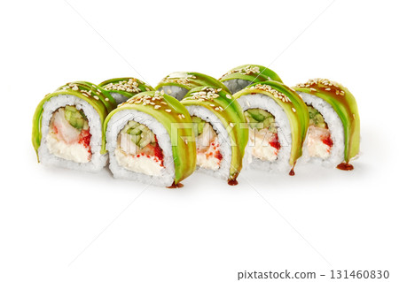 Green dragon sushi rolls with avocado, cucumber, cream cheese, sesame seeds, and tobiko roe displayed on white background Green dragon sushi rolls with avocado, cucumber, cream cheese, sesame seeds, and tobiko roe displayed on white background 131460830