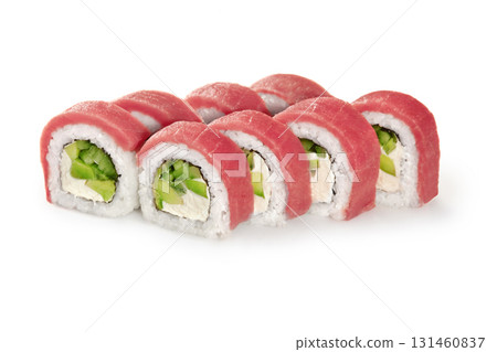 Philadelphia sushi roll with tuna and avocado showing filling ingredients on white background 131460837