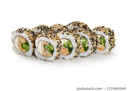 Uramaki sushi rolls covered with sesame seeds presenting fish and cucumber filling 131460840