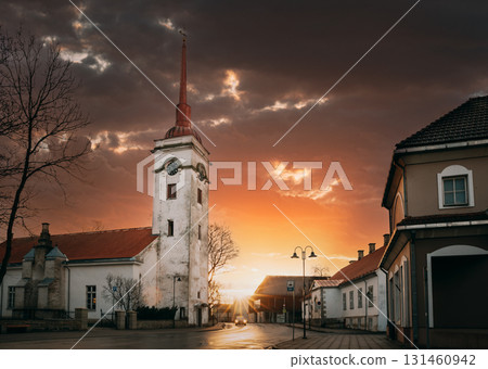 Kuressaare, Estonia. Kuressaare St. Lawrence Church In Sunlight Sunrise Or Sunset Time 131460942