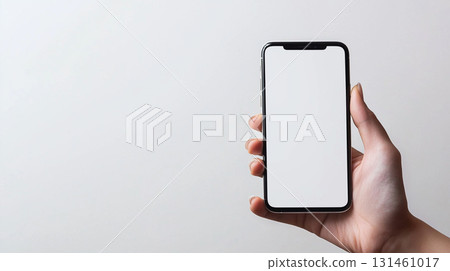 White background mockup with smartphone in hand 131461017