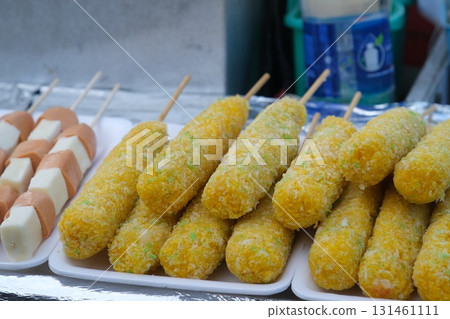 corn dog displayed at supermarket corn dog displayed at supermarket 131461111