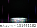 Minimalist 3D render of a luminous white podium on a dark reflective floor with colorful light patterns and vertical neon lines. Ideal for product display, presentation, or abstract background. 131461162