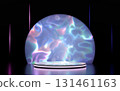 3D render of a futuristic product display stage with a glowing round platform and an iridescent, fluid patterned semicircular backdrop on a dark background. Neon vertical lines add a modern tech feel. 131461163