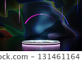 A shimmering circular podium with a neon rim sits on a reflective dark floor, against an abstract background of dark organic shapes and glowing neon arcs and lines, ideal for product display. 131461164