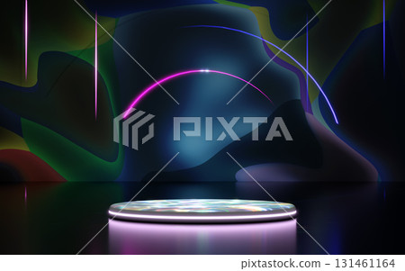 A shimmering circular podium with a neon rim sits on a reflective dark floor, against an abstract background of dark organic shapes and glowing neon arcs and lines, ideal for product display. 131461164
