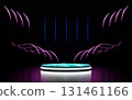 A futuristic 3D render featuring a glowing circular podium with an iridescent top on a dark background. Abstract neon pink light waves and vertical blue lines create a dynamic, tech inspired stage. 131461166