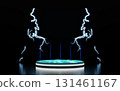 A futuristic circular podium with a glowing blue green top and white light ring, set against a dark background with electric blue lightning and vertical neon lines. Ideal for product displays. 131461167