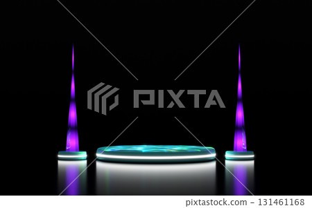 A futuristic 3D render featuring a glowing circular podium with a vibrant blue green surface, flanked by two tall purple spires, all against a dark, reflective background. Ideal for product display. 131461168