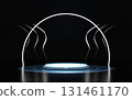 A futuristic dark stage with a glowing circular podium and blue concentric light rings. White arched and wavy neon lights frame the modern, abstract display background, perfect for products. 131461170