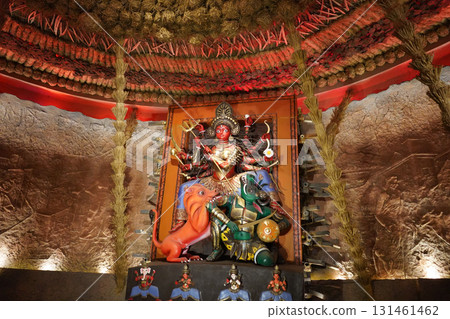 Goddess Durga Slaying Mahishasura in an Artistically Designed Pandal During Durga Puja Festival 131461462
