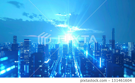 Skyscrapers and shining lights of a futuristic city at dusk 131461604