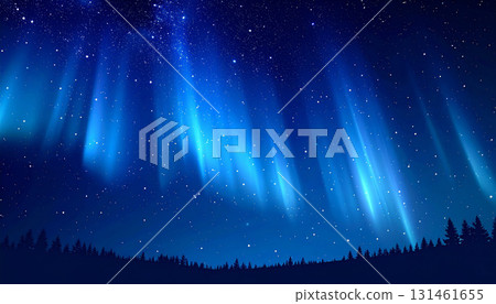 藍色極光蔓延在森林和星空中 131461655