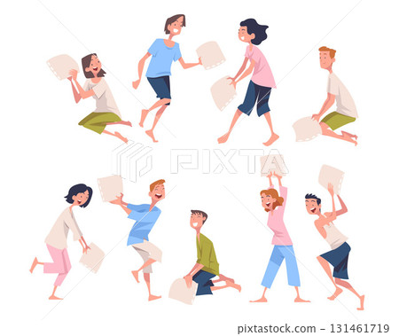 Pajama Party with Man and Woman Character Pillow Fight Vector Set Pajama Party with Man and Woman Character Pillow Fight Vector Set 131461719
