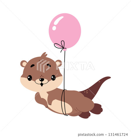 Cute Otter Animal Character with Pink Balloon Vector Illustration 131461724