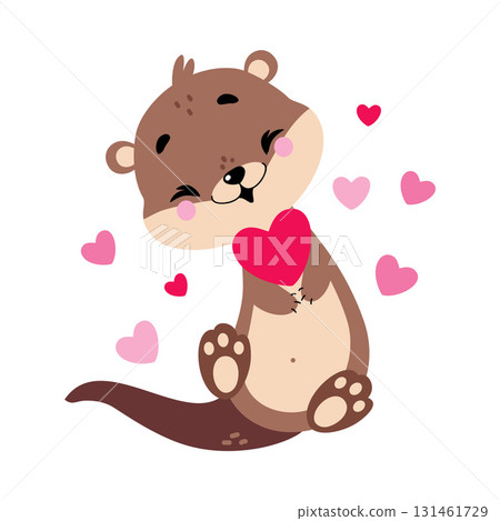 Cute Otter Animal Character with Pink Heart Vector Illustration Cute Otter Animal Character with Pink Heart Vector Illustration 131461729
